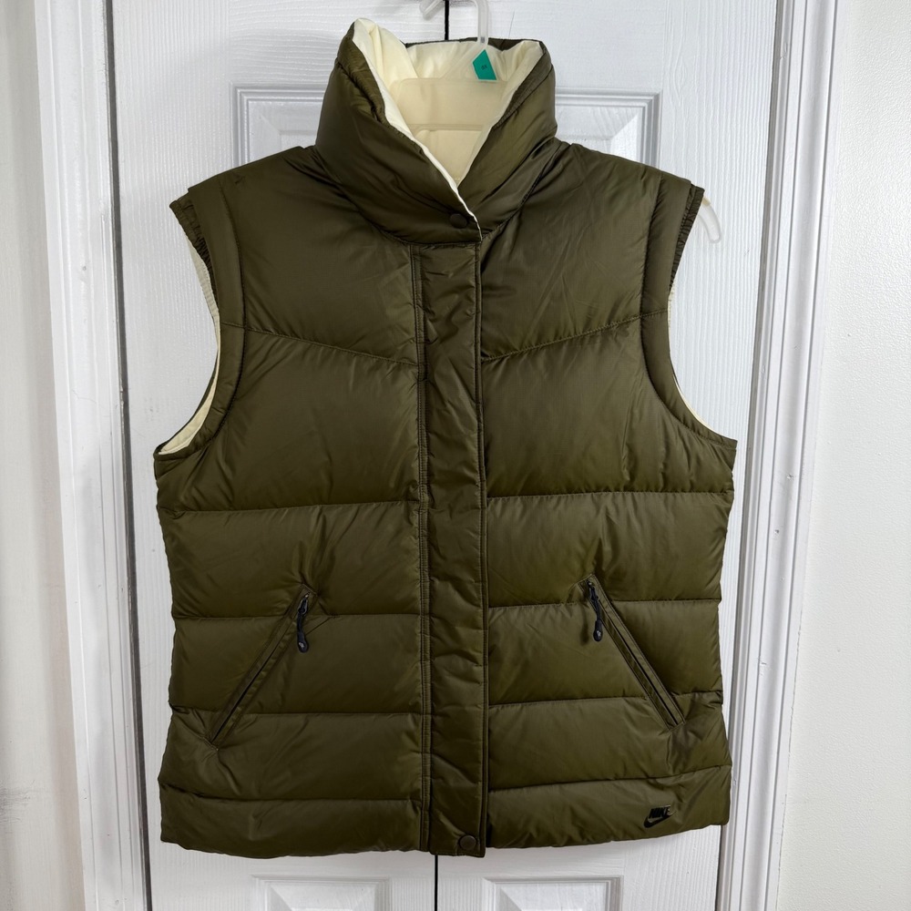 Nike 550 Reversible Down Puffer Vest Womens L 12-14 Olive Cream Y2K Gorpcore